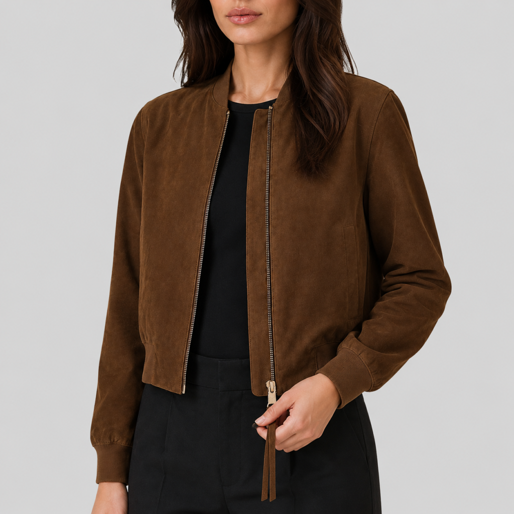 Women's Brown Suede Classic Bomber Jacket