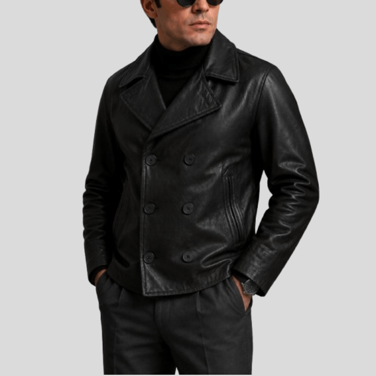 Men's Sheepskin Leather Peacoat Jacket - Image 4