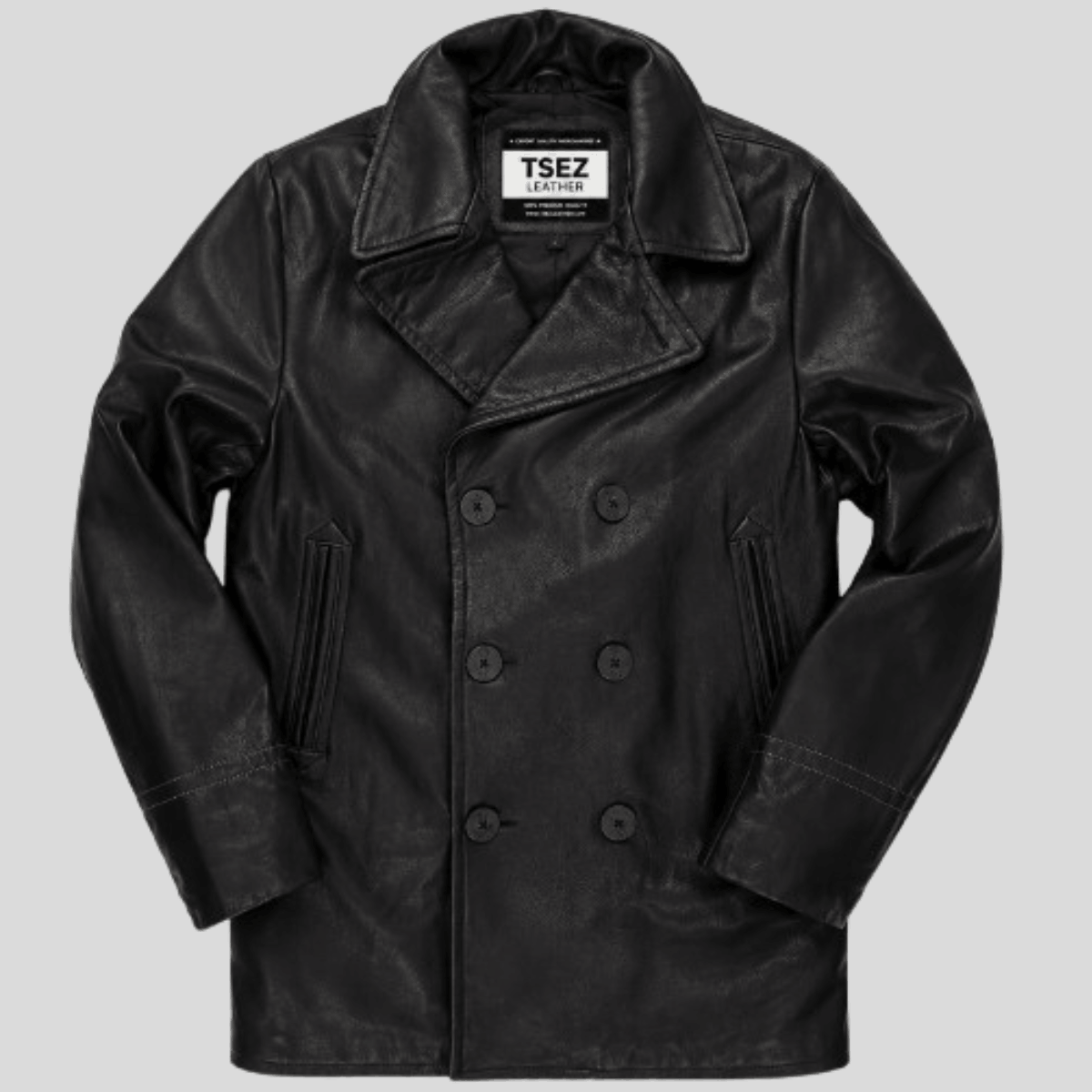 Men's Sheepskin Leather Peacoat Jacket - Image 5