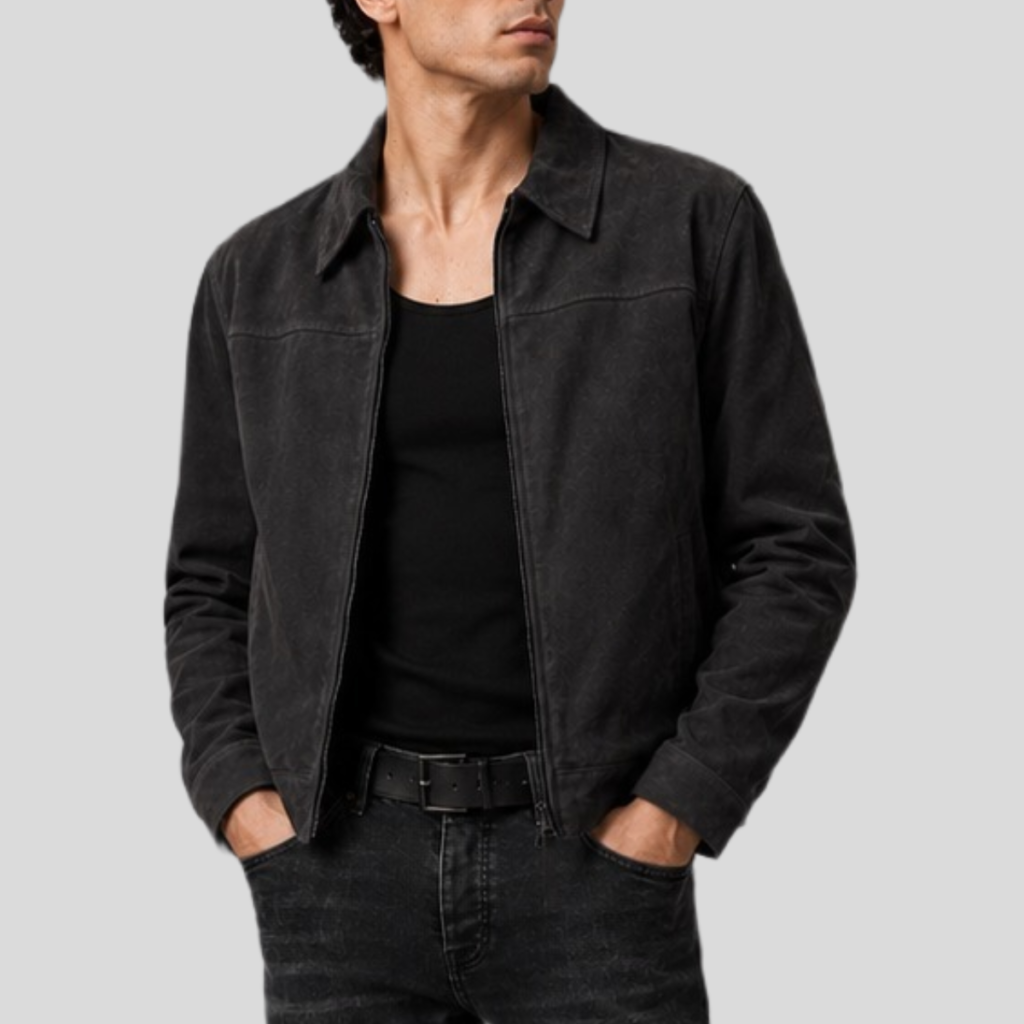 Men's Black Classic Cowhide Suede Zip Jacket