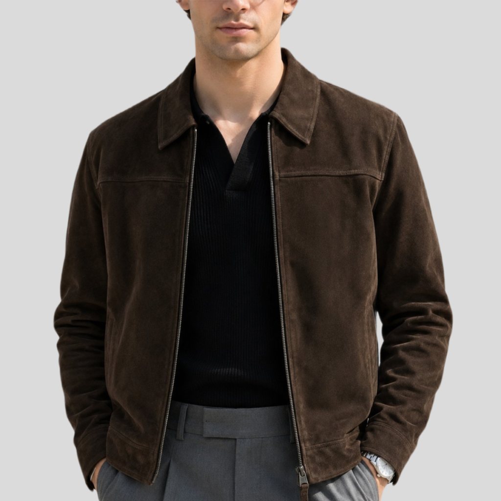 Men's Brown Classic Cowhide Suede Zip Jacket