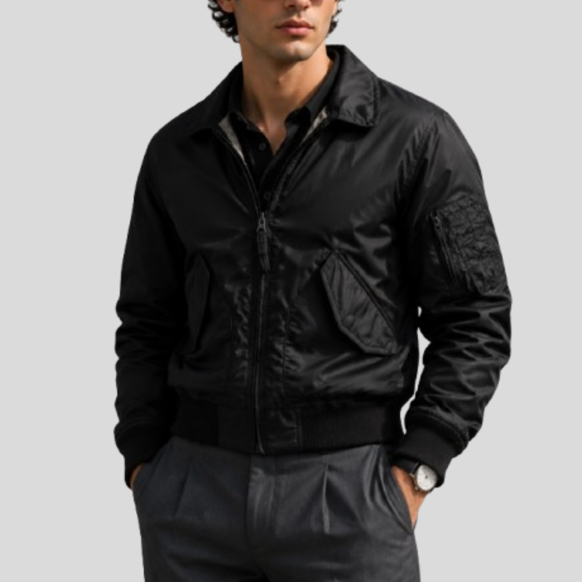 Men's Black Stealth Nylon Flight Bomber Jacket - Image 4