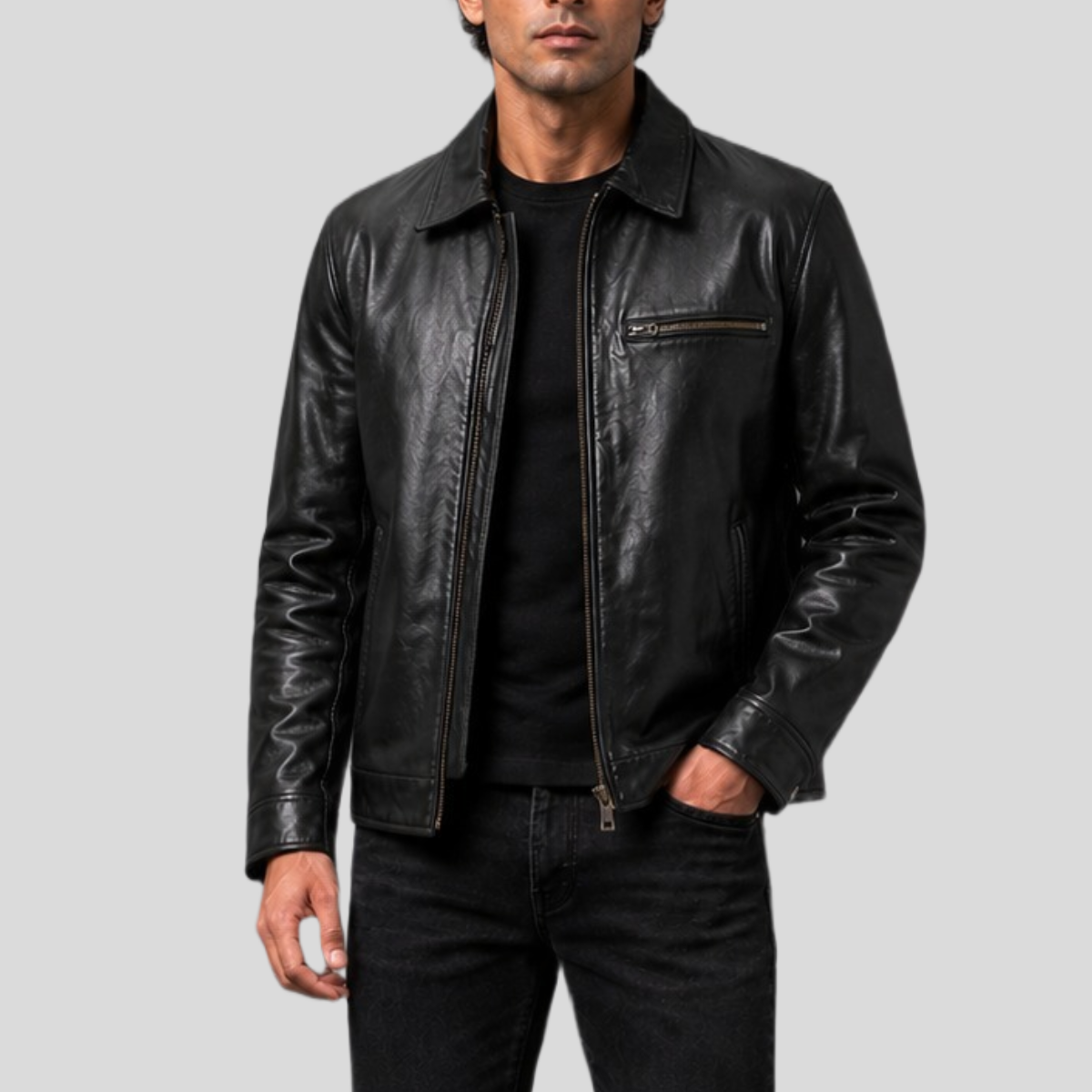 Men's Vintage Sheepskin Leather Motorcycle Jacket - Image 5