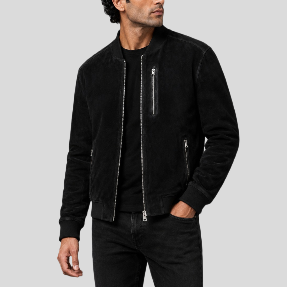 Men's Sheepskin Suede Bomber Jacket - Image 9