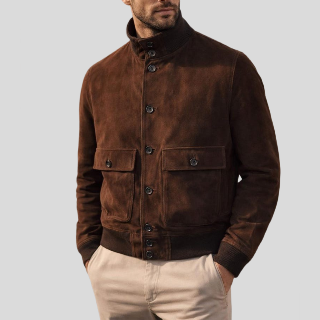 Men's Dark Brown Sheepskin Suede Bomber Jacket