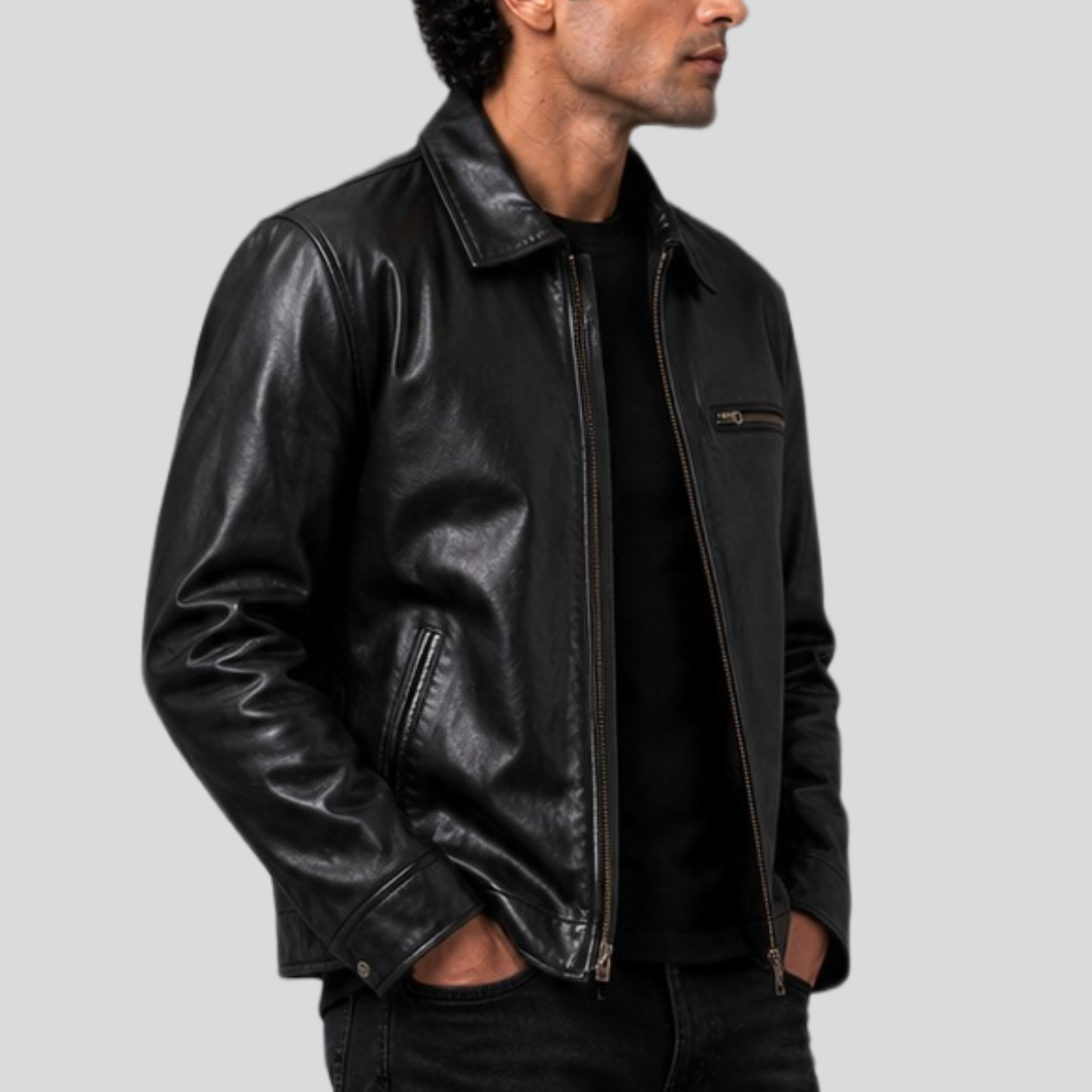 Men's Vintage Sheepskin Leather Motorcycle Jacket - Image 4