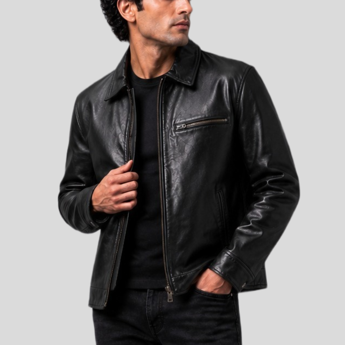 Men's Vintage Sheepskin Leather Motorcycle Jacket - Image 7