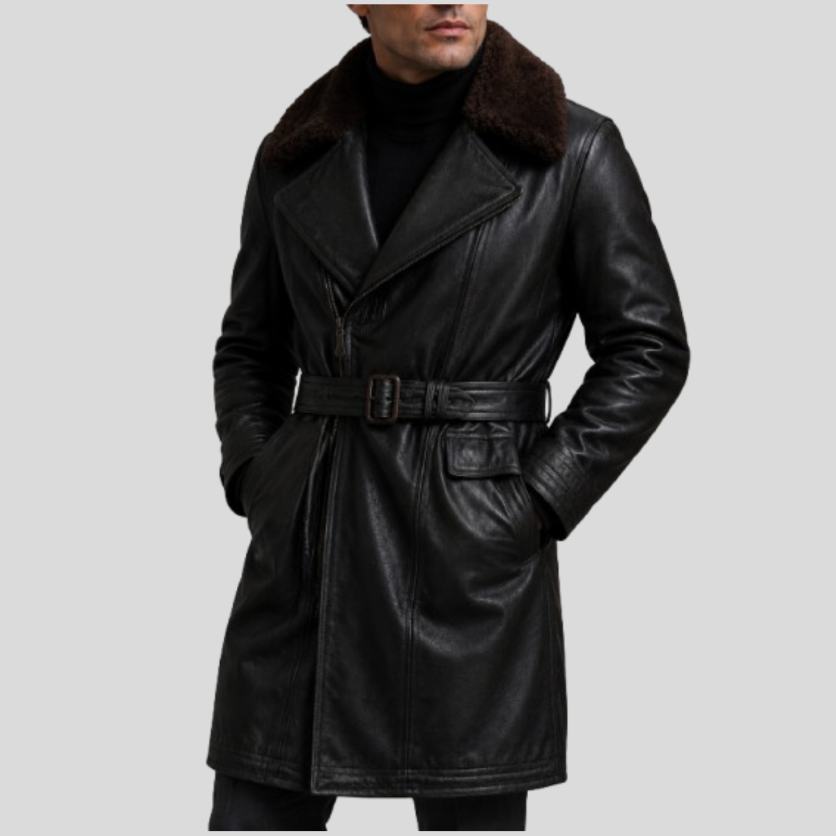 Men's Sheepskin Leather Military Coat with Shearling Fur Collar - Image 11