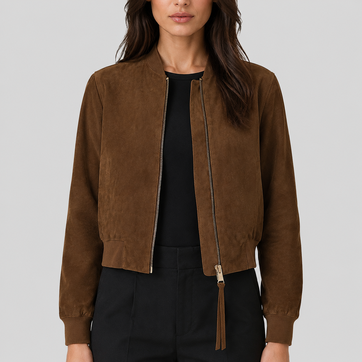 Women's Brown Suede Classic Bomber Jacket - Image 3