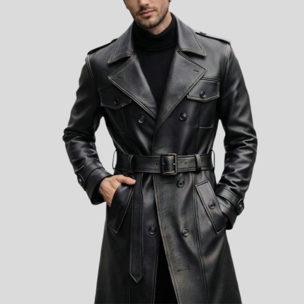 Men's Black Cowhide Leather Trench Overcoat