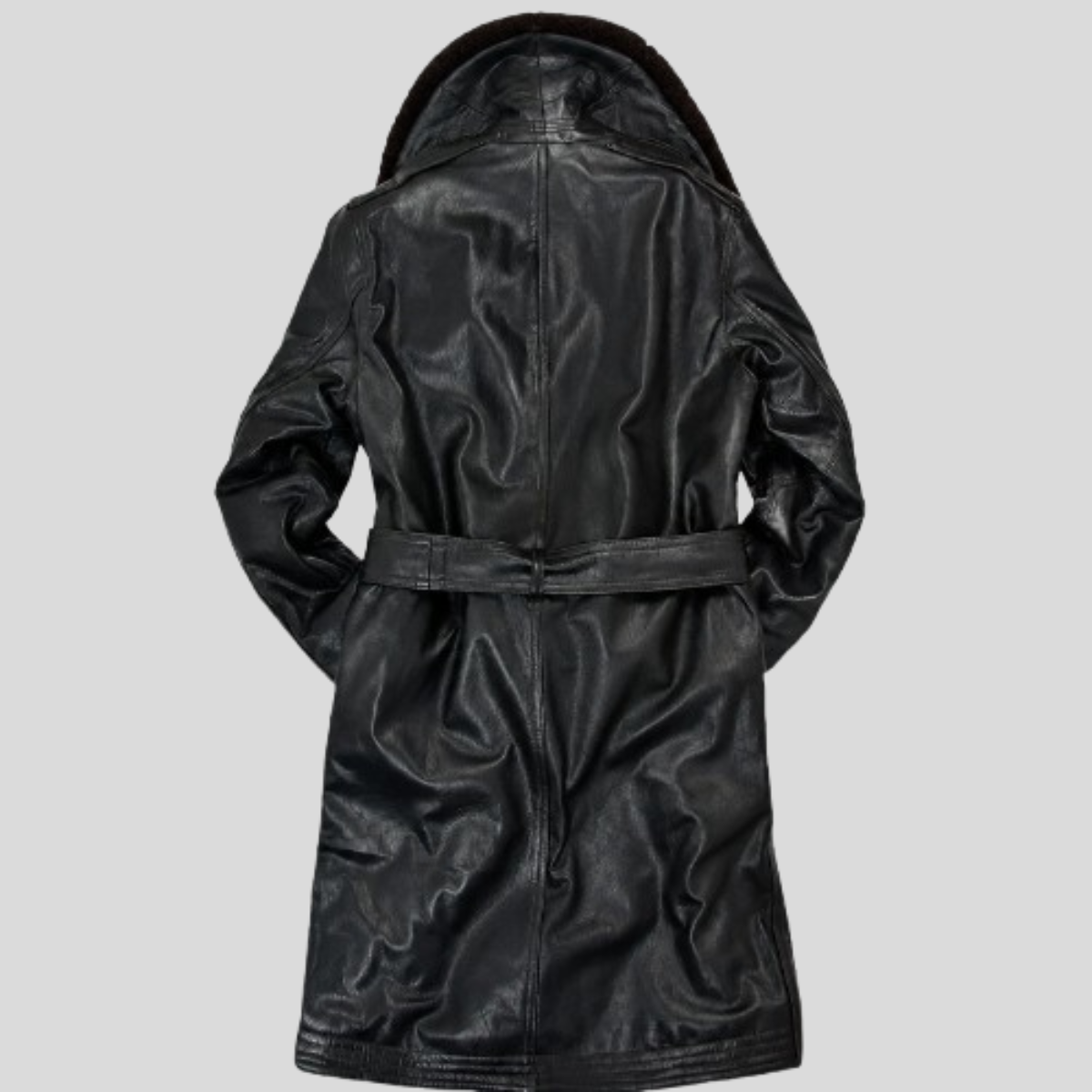Men's Sheepskin Leather Military Coat with Shearling Fur Collar - Image 6
