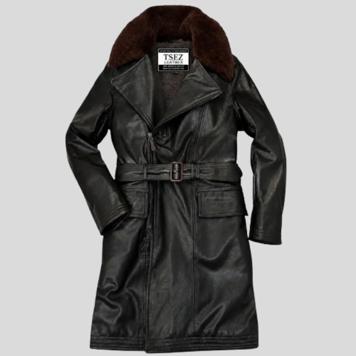 Men's Sheepskin Leather Military Coat with Shearling Fur Collar - Image 5