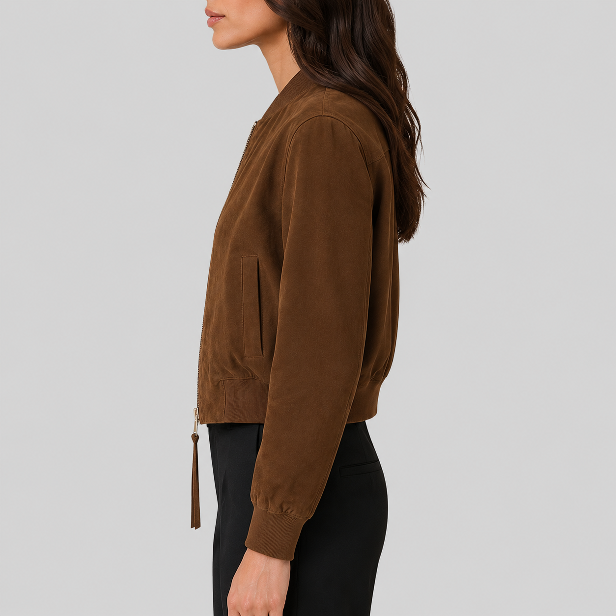 Women's Brown Suede Classic Bomber Jacket - Image 5