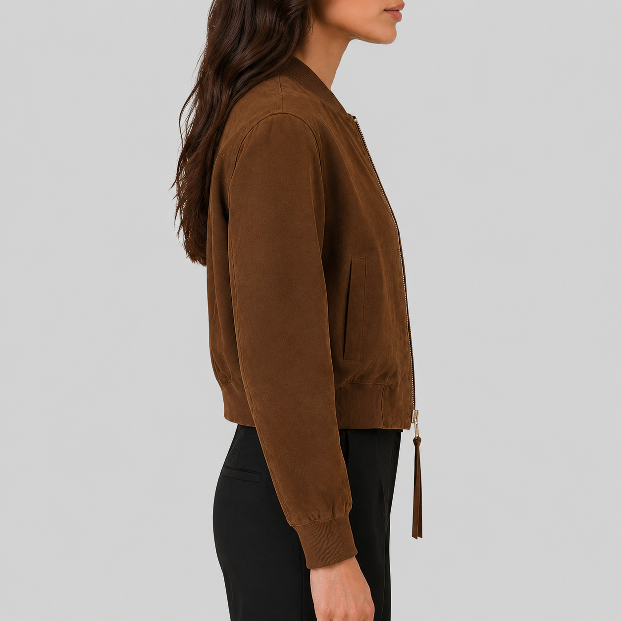Women's Brown Suede Classic Bomber Jacket - Image 8