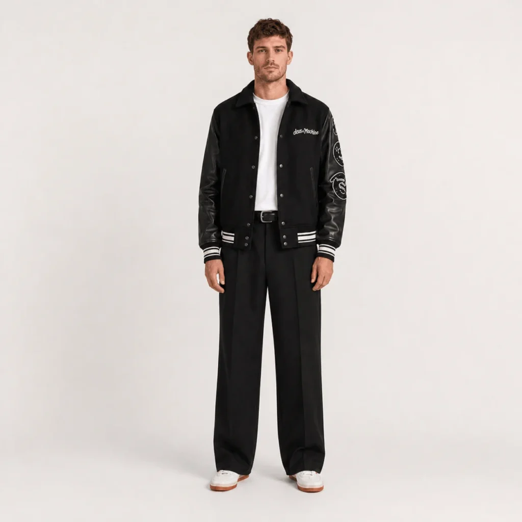 Men’s Black Wool Bomber Jacket With Patch