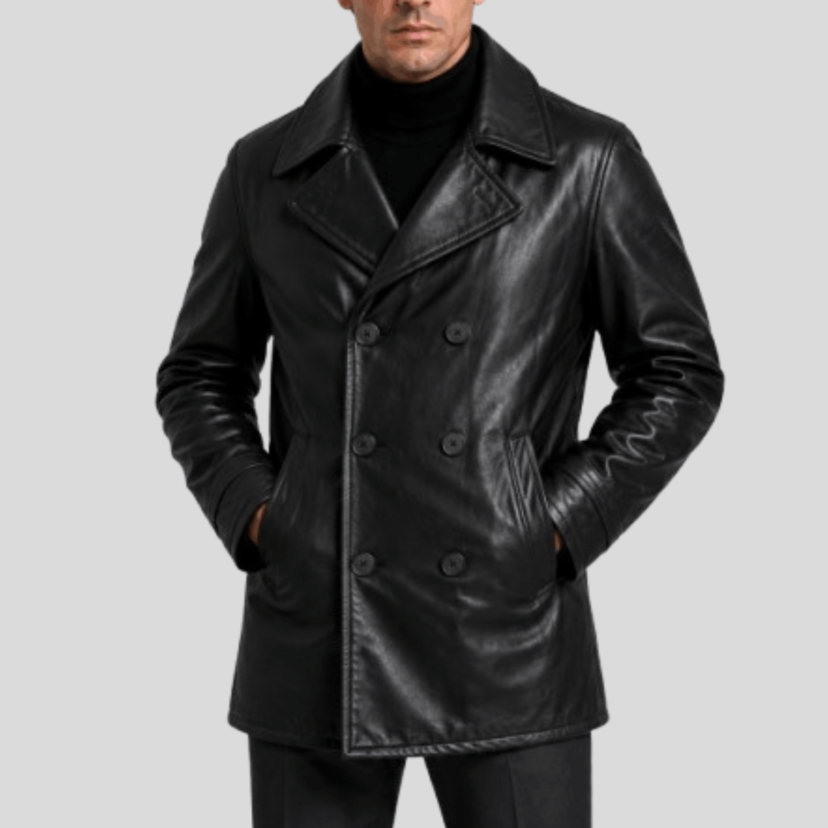 Men's Sheepskin Leather Peacoat Jacket - Image 11