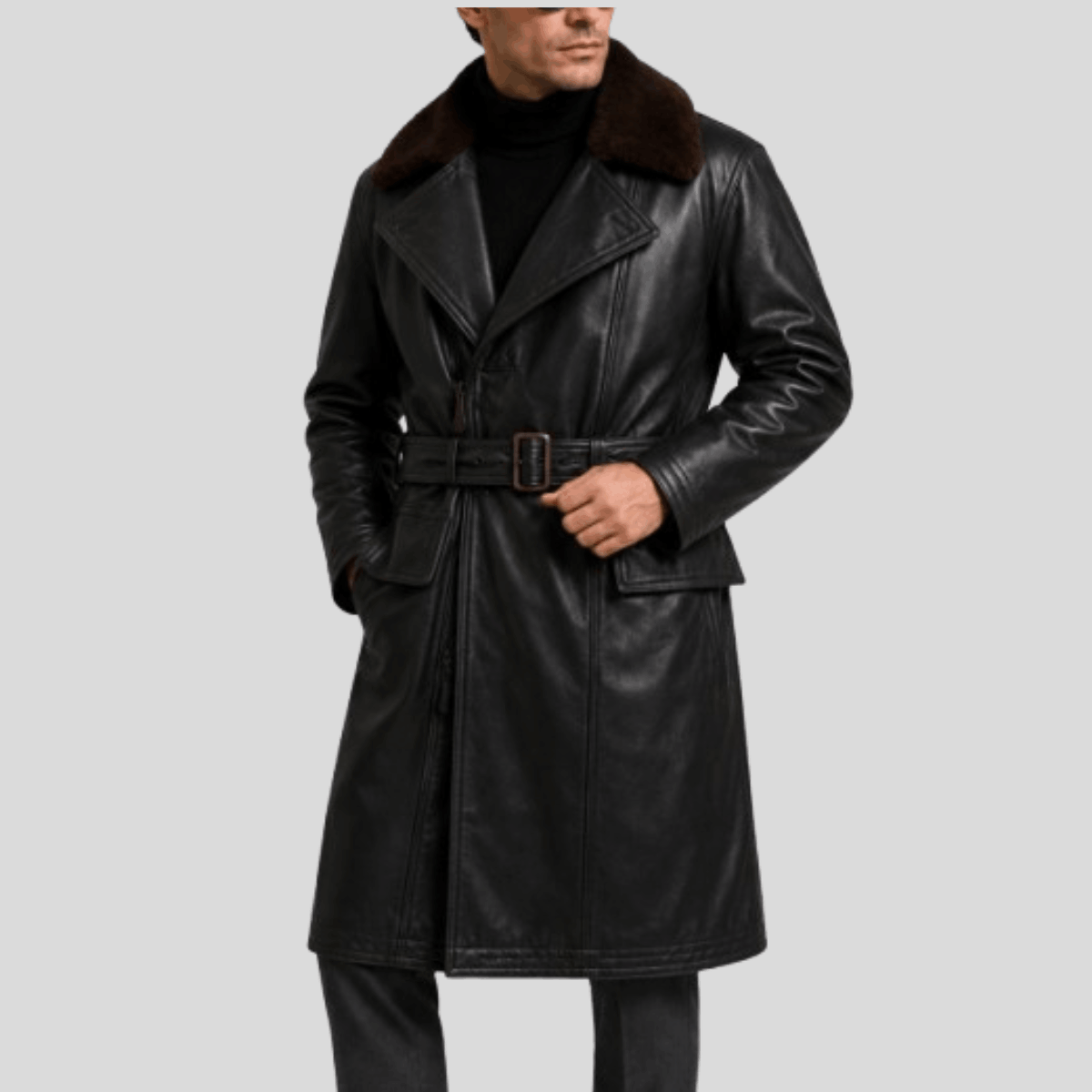 Men's Sheepskin Leather Military Coat with Shearling Fur Collar - Image 7