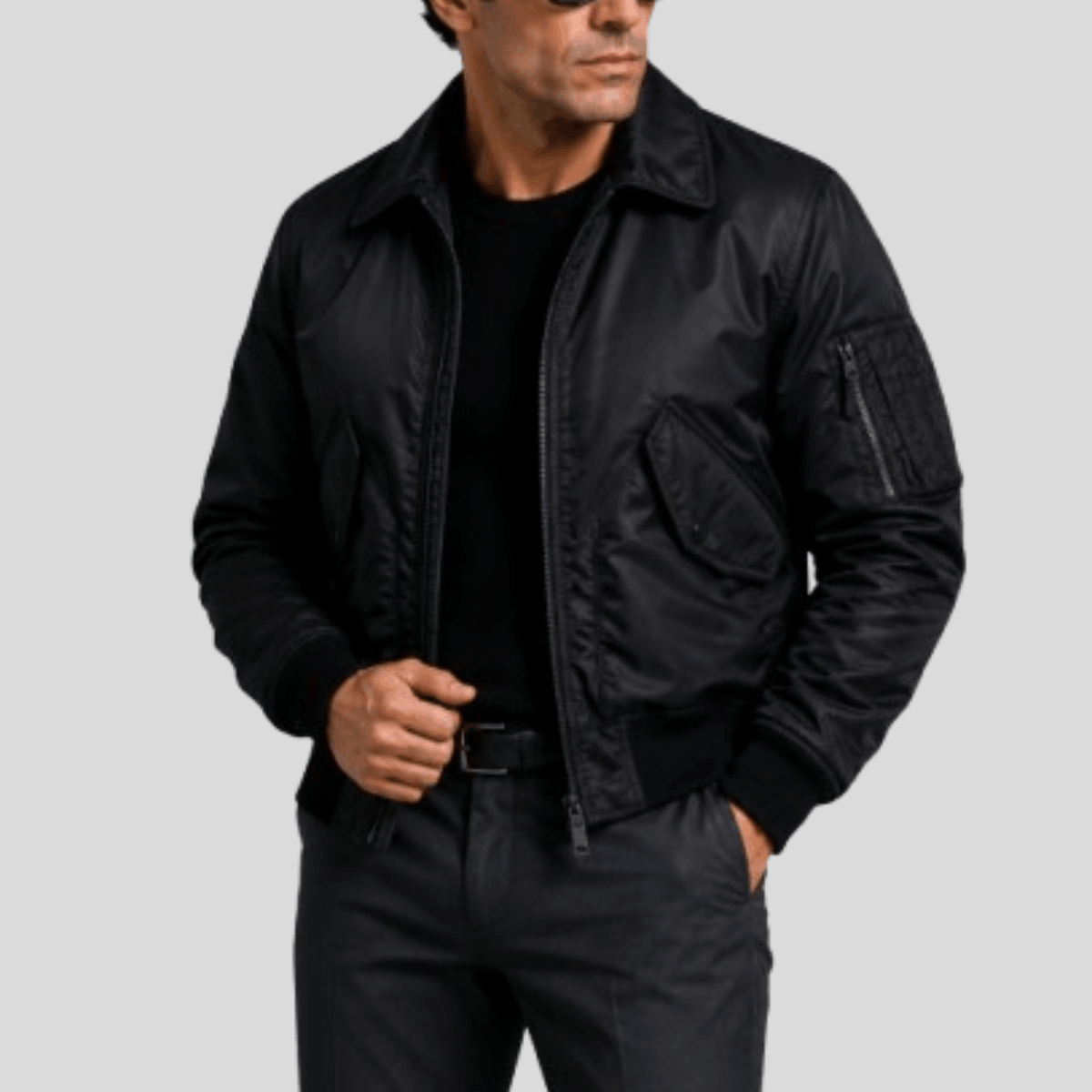 Men's Black Stealth Nylon Flight Bomber Jacket - Image 3