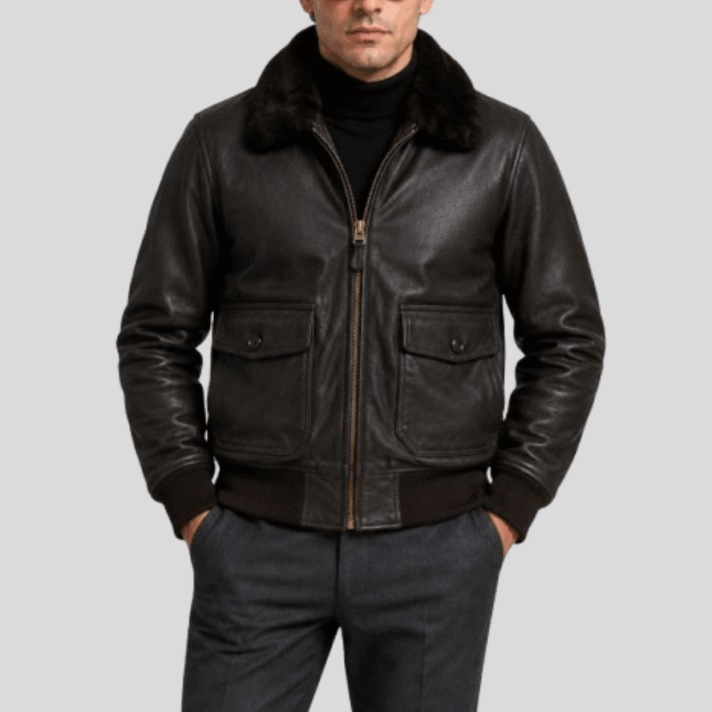 Men's Brown Classic Sheepskin Leather Flight Bomber Jacket with Fur Collar