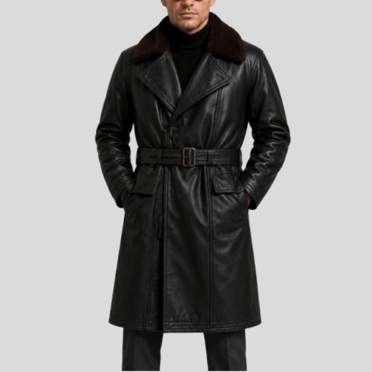 Men's Sheepskin Leather Military Coat with Shearling Fur Collar - Image 4