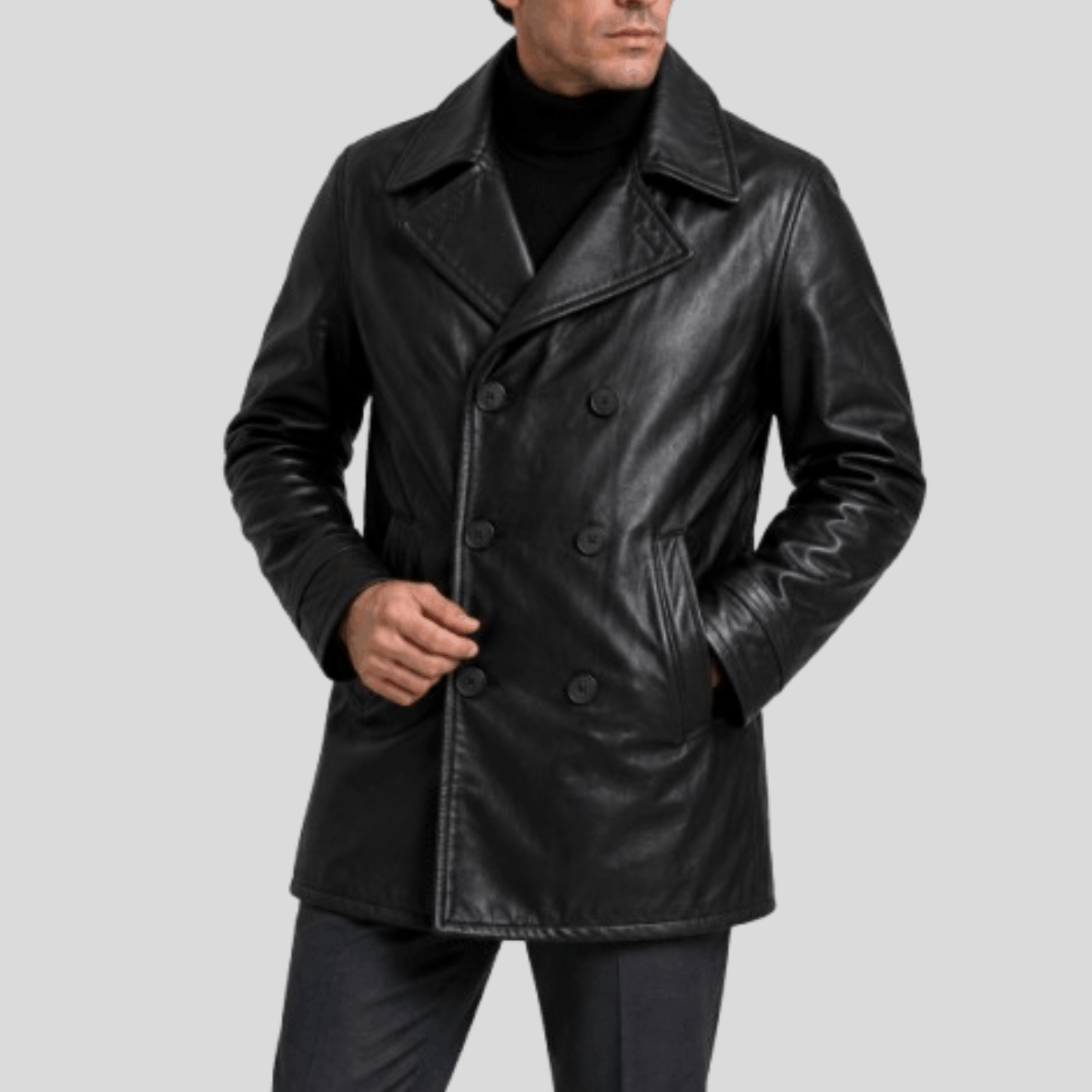 Men's Sheepskin Leather Peacoat Jacket - Image 3