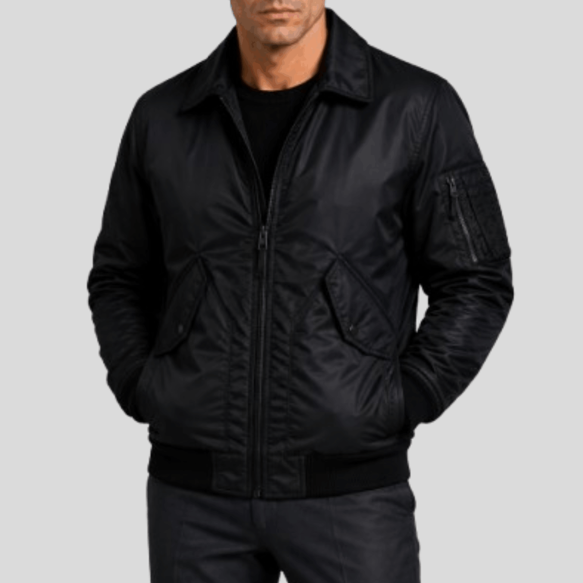 Men's Black Stealth Nylon Flight Bomber Jacket - Image 2
