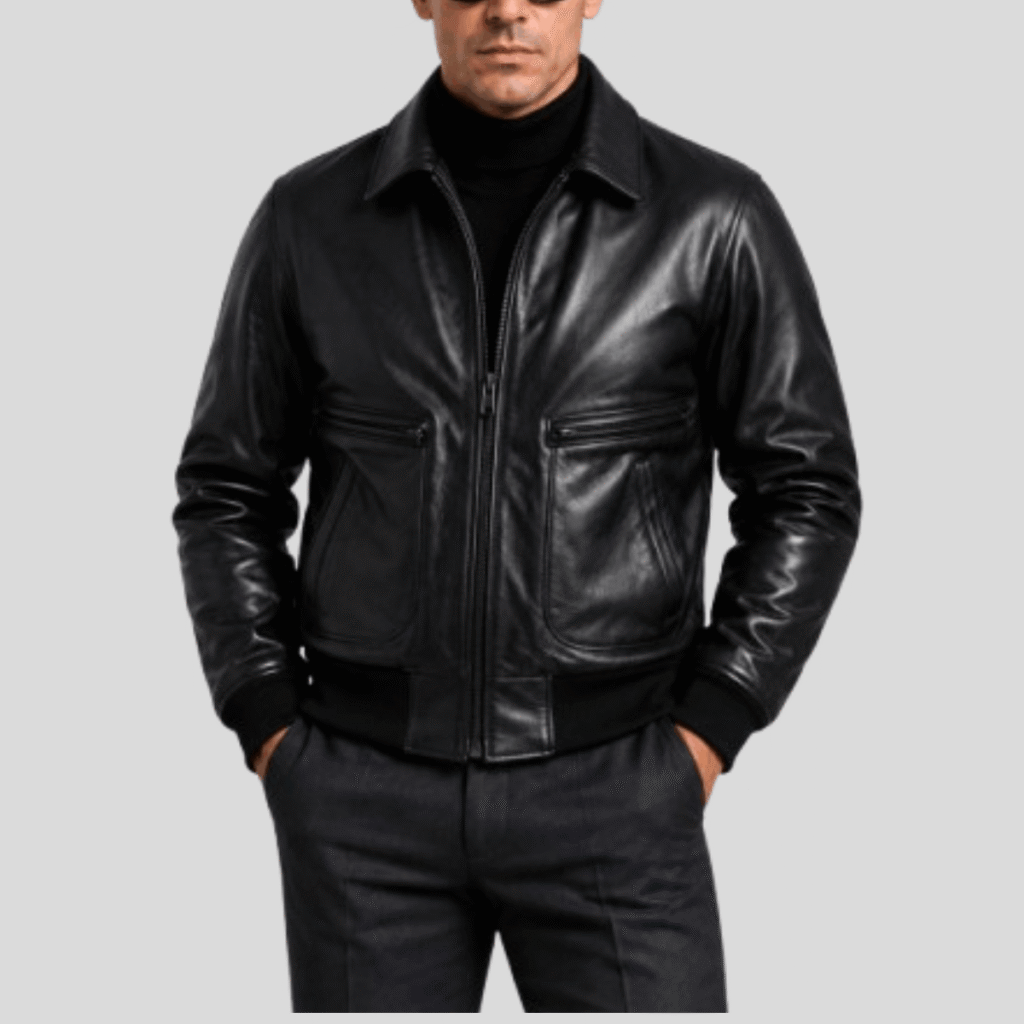 Men's Black Vintage Sheepskin Leather Flight Bomber Jacket