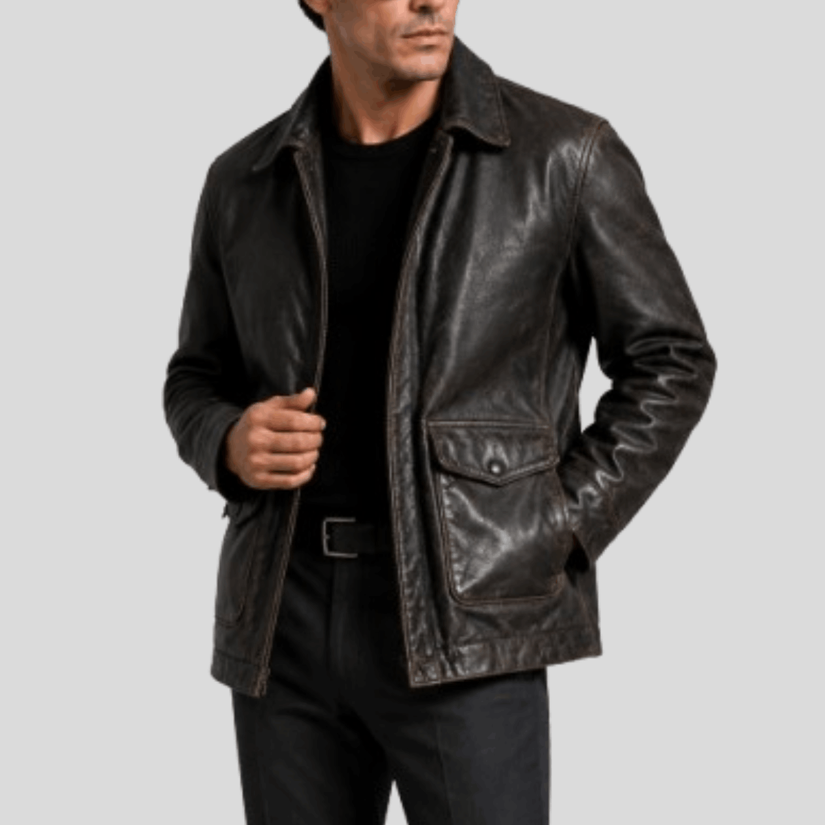 Men's Vintage Sheepskin Leather Workwear Jacket - Image 3