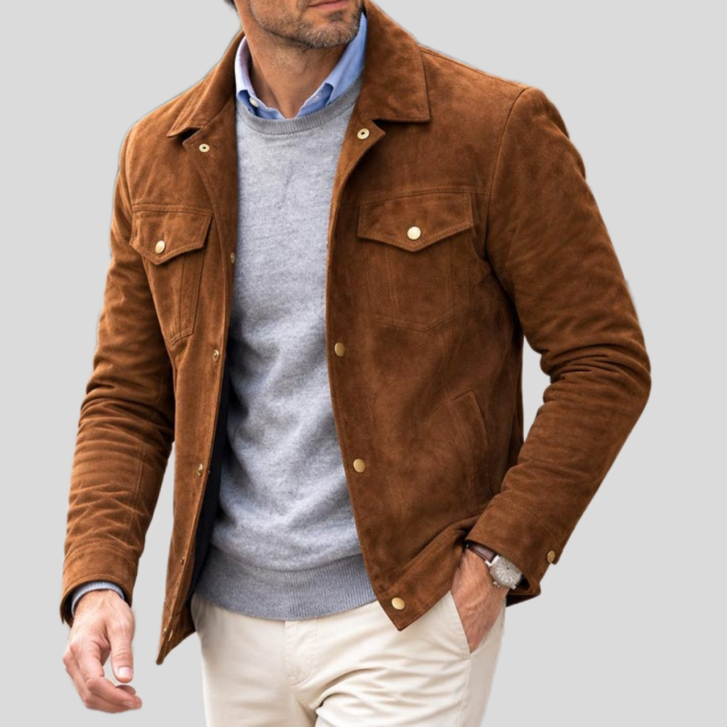 Men's Brown Suede Leather Trucker Jacket