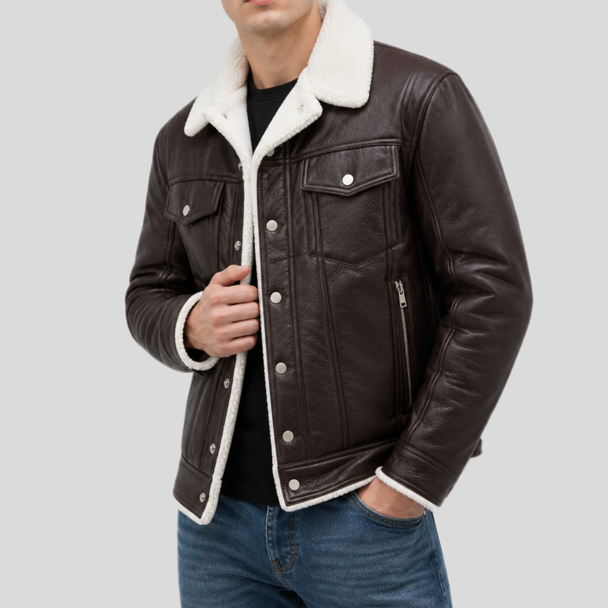 Men's Streetstyle Faux Shearling Leather Bomber Jacket - Image 7