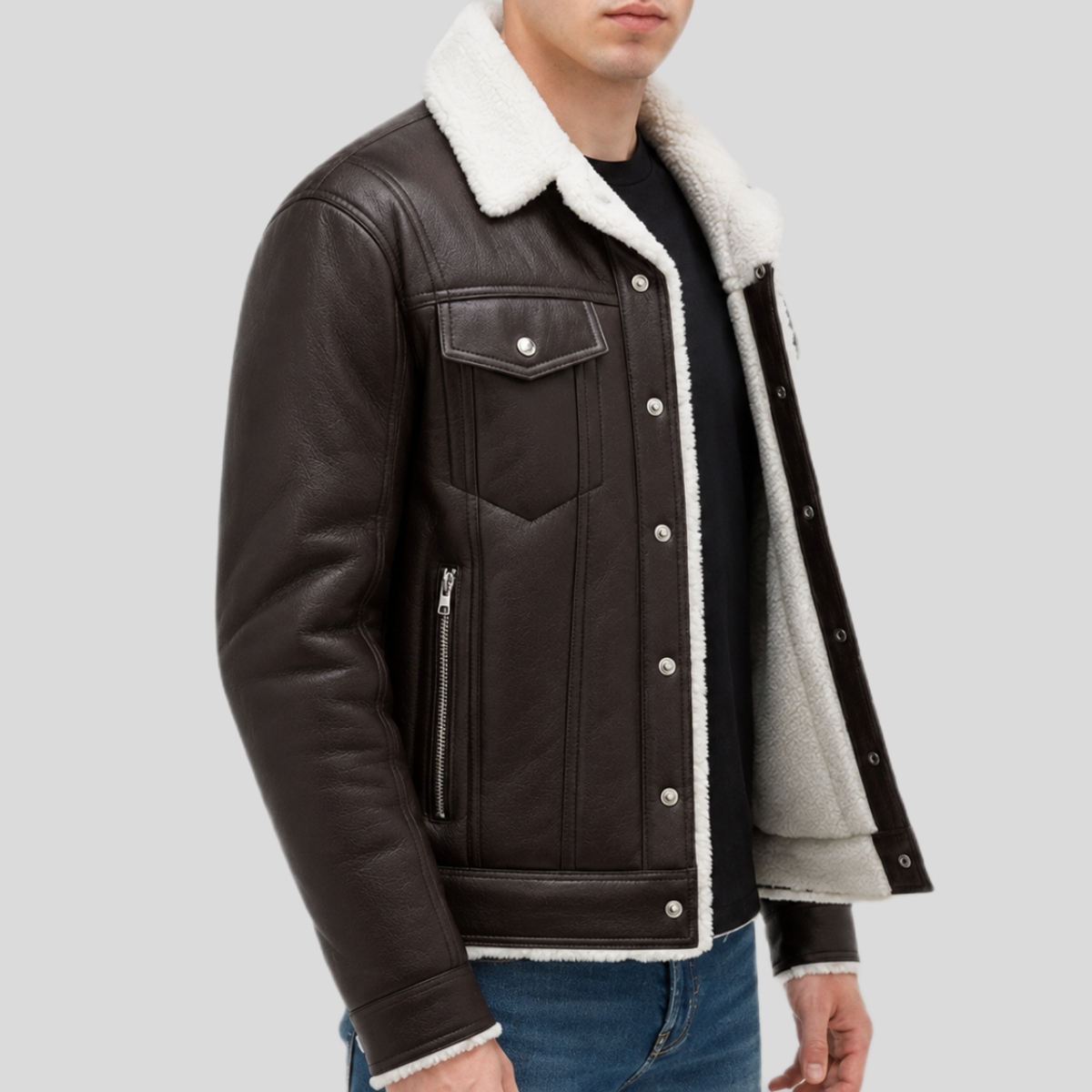 Men's Streetstyle Faux Shearling Leather Bomber Jacket - Image 9