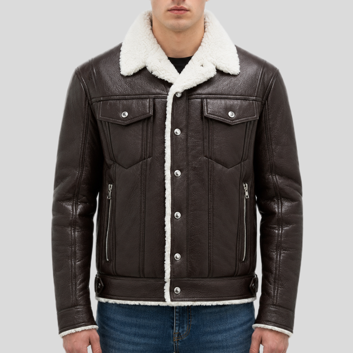 Men's Streetstyle Faux Shearling Leather Bomber Jacket - Image 11