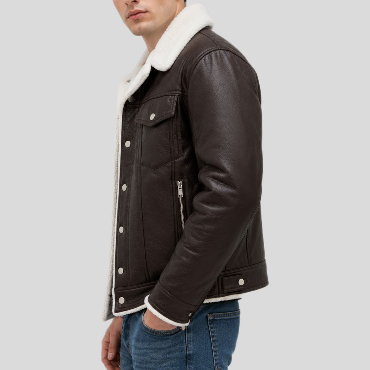 Men's Streetstyle Faux Shearling Leather Bomber Jacket - Image 4