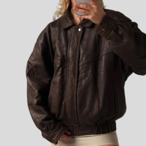 Women's Brown 1990s Oversized Distressed Sheepskin Leather Bomber Jacket