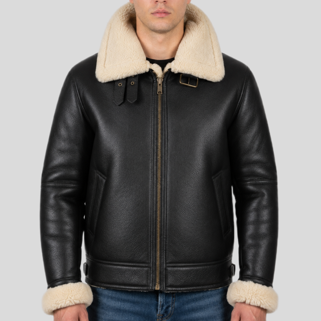 Men's Black B-3 Shearling Leather Aviator Bomber Jacket