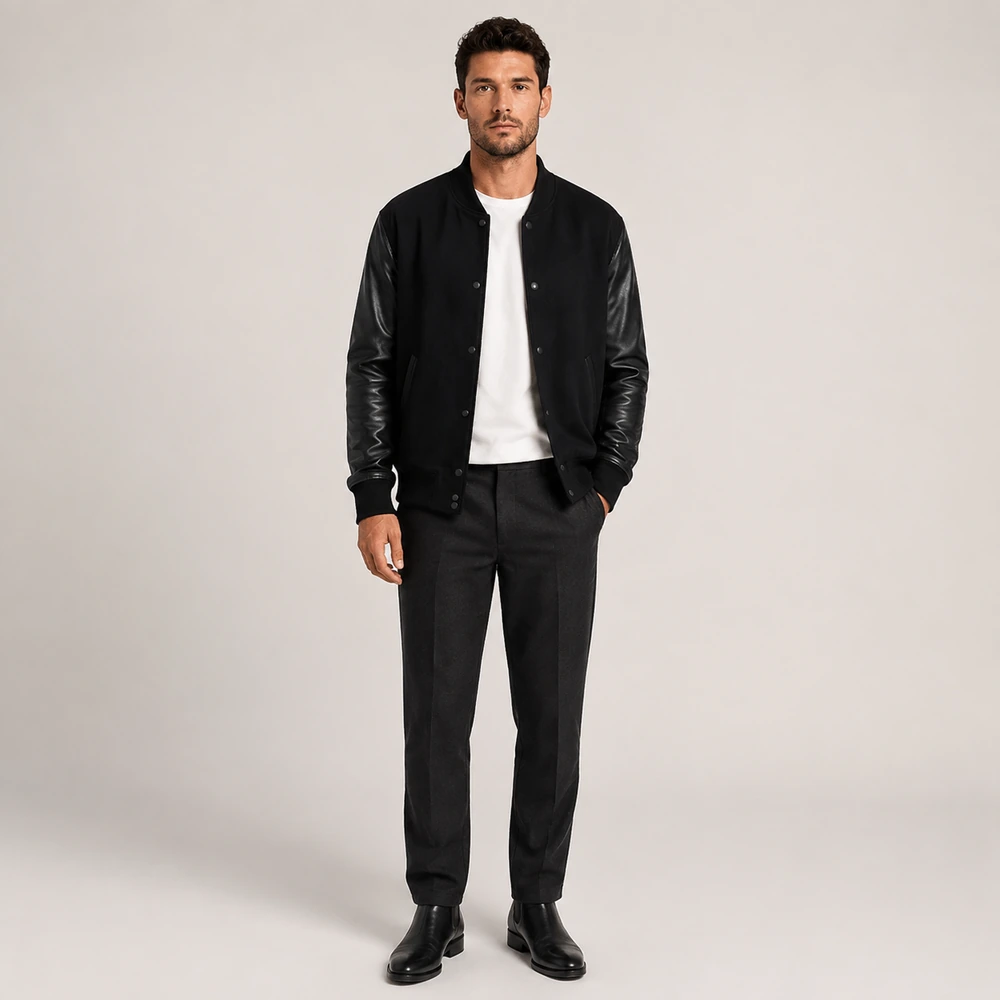 Men’s Bomber Jacket In Dark Blue Wool With Leather Sleeves