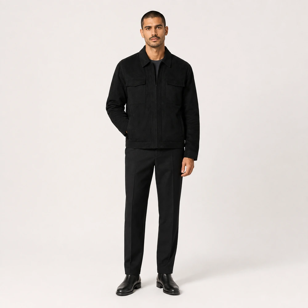 Men’s Short Padded Jacket In Black Cotton With Leather Collar